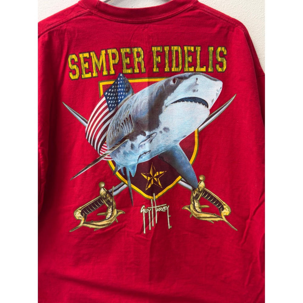 Guy Harvey Marine Corp T Shirt Semper Fidelis Shark Red Mens 2XL Americana USMC
